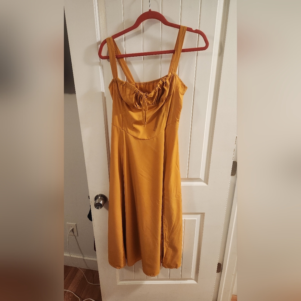 Yellow Midi Dress with Satin Sheen and Flowing Design